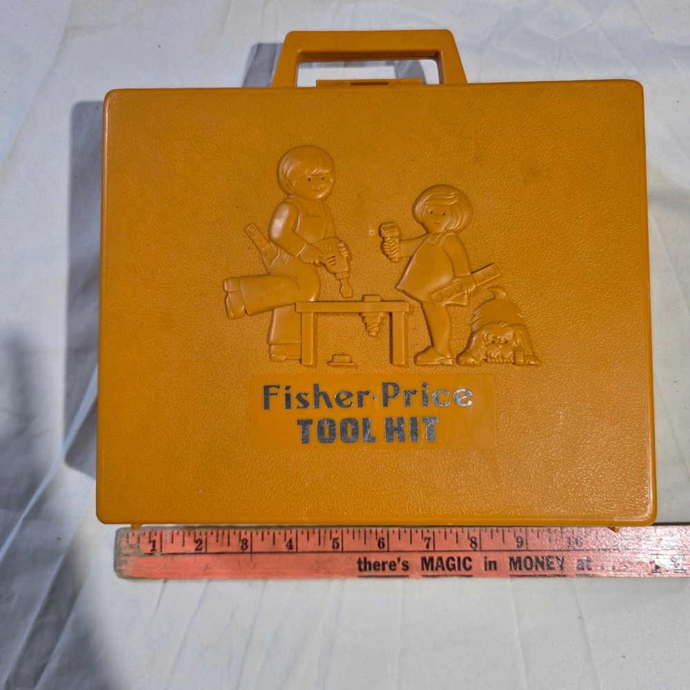 Vintage 1977 Fisher-Price Tool Kit 924 Orange Case Blue Drill Yellow Hammer Set
